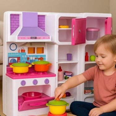 Imagem de Cozinha Brinquedo Infantil Rosa Fogão Geladeira Kit Utensílios Panelas