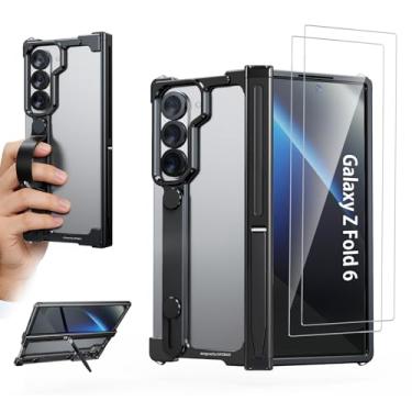 Imagem de NIFBANG Capa para Samsung Galaxy Z Fold 6 com alça de dedo e suporte, 6 capas de telefone com protetor de tela HD, proteção de dobradiça, pulseira Galaxy Z Fold6 com suporte (preto)
