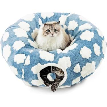 Imagem de Cama de túnel para gatos com almofada lavável central, brinquedos de tubo de túnel para gatos em 3 formas para brincar, tema de céu azul e nuvens brancas, cama redonda de brinquedo para gatinhos