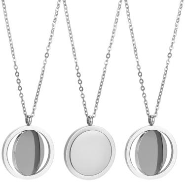 Imagem de SUNNYCLUE 1 caixa de colar de aço inoxidável em branco com selo de metal prateado redondo giratório com mensagem dupla face nome joia pingente etiqueta para kit de fabricação de joias, suprimentos de