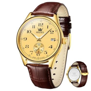 Imagem de OLEVS Relógios masculinos com pulseira de couro, vintage, clássico, fácil leitor, algarismos arábicos, quartzo, à prova d'água, data e dia, azul/preto/branco, mostrador grande, relógios de pulso