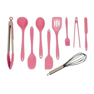 Imagem de Kit 10 Utensílios de Cozinha Silicone Resistente ao Calor | Espátula, Colher, Concha e Pegadores Sem BPA(rosa)