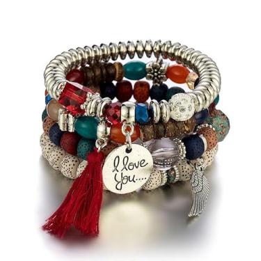 Imagem de Conjunto de pulseiras elásticas estilo boho para mulheres, com acrílico e liga metálica, Medium, Acrílico, Sem Pedra Preciosa