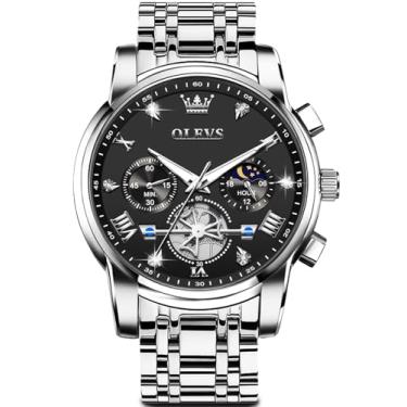 Imagem de OLEVS Relógios masculinos prateados, relógio cronógrafo masculino de aço inoxidável, analógico, quartzo, rosto grande, relógios masculinos luxuosos, à prova d'água, numerais romanos, vestido de