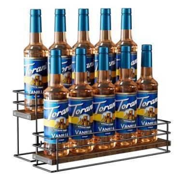 Imagem de Nuovoware Organizador de xarope de café, organizador de bar com 10 garrafas de 2 camadas, rack de metal separável com base de madeira, molho de vinho para bancada, cozinha, café, bar, preto