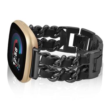Imagem de Alociaga Pulseira feminina de metal compatível com Fitbit Versa 4/Sense 2/Versa 3/Sense, pulseira de metal com couro para smartwatch Fitbit