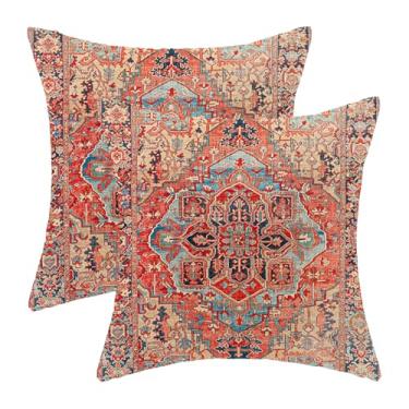 Imagem de Gohdiwh Conjunto de 2 capas de travesseiro Boho 45,7 x 45,7 cm, estampa de tapete boêmio, vermelho, decorativo, vintage, fazenda, ao ar livre, fazenda, para sofá, quarto, decoração