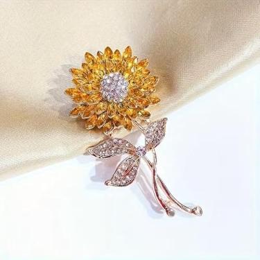 Imagem de 1 broche de girassol elegante com strass cintilante – liga de zinco banhada a ouro rosa, incrustação de vidro, perfeito para suéteres, casacos e cachecóis, acessório de moda requintado para mulheres