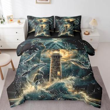 Imagem de Erosebridal Conjunto de cama solteiro com farol de 7 peças, golfinho e ondas do oceano, lençol com tema náutico, para decoração de quarto de crianças e adultos, jogo de cama com elástico + lençol de