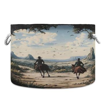 Imagem de JUZIHAI Cesta de armazenamento dobrável Western Cowboy cesto de roupa suja para bebês com alças de corda de algodão, caixa de brinquedos dobrável, organizador de armário para quarto, berçário, casa