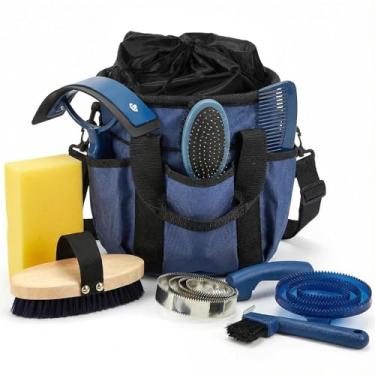 Imagem de Cunhill Kit de cuidados com cavalos, conjunto com sacola, curry de massagem oval, escova dura e macia, palito de casco, raspador de suor, esponja de banho, pente para iniciantes (clássico, azul escuro