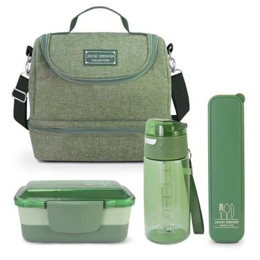 Imagem de Kit Bolsa Térmica Pote Marmita 950ml Garrafa 550ml E Porta Talheres Joy Verde