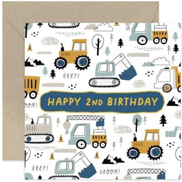 Imagem de Old English Co. Cartão de aniversário de 2 anos para menino ou menina - Cartão de aniversário divertido de escavador de caminhão para criança - Cartão de aniversário de segundo aniversário para ele ou