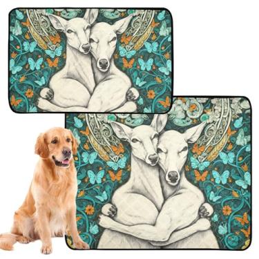 Imagem de Tapete para casais de cervos abraçando amor arte gato pet pad reutilizável lavável cachorro xixi tapete impermeável para cães gaiola absorvente cães treinamento penico, médio + grande, conjunto de 2