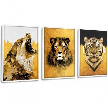 Imagem de Quadro Decorativo Pintura Lobo, Leão, Tigre Com Moldura Branco