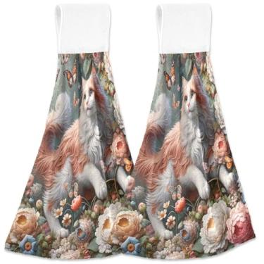 Imagem de TSENQUE Gatinho barroco floral toalhas de mão personalizadas para forno de cozinha toalha de dedo ultra absorvente toalha fofa decoração de cozinha conjunto de 2, 46 x 35 centímetros