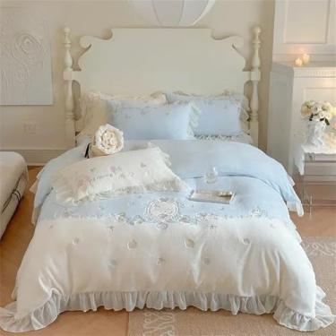 Imagem de Conjunto de cama romântico com bordado de flores, estilo princesa, rosa princesa, com babados, em veludo leite, capa de edredom, lençol e roupa de cama. Tamanho Queen (200x230cm). 4 peças.