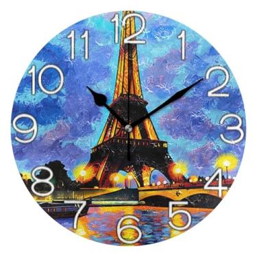 Imagem de GAIGEO Relógio de parede analógico decorativo relógio de cozinha bonito operado por bateria, decoração de parede moderna para sala de estar, tinta a óleo da torre Eiffel colorida, 25 cm, ponteiros