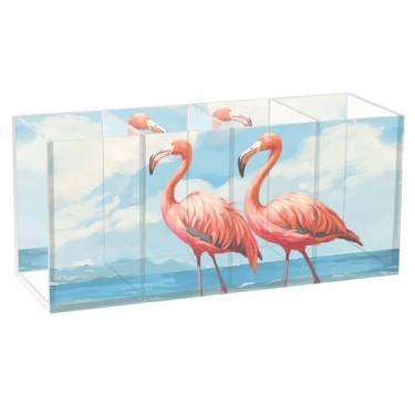 Imagem de TSENQUE Porta-canetas rosa flamingos para praia, personalizado, para mesa, artesanato, acrílico, maquiagem, porta-pincéis, copos, material de escritório para mulheres