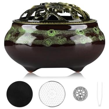 Imagem de Queimador de incenso de cerâmica feito à mão com tampa de metal – meditação zen, decoração de casa, presente espiritual, design durável e elegante para ioga, altar ou relaxar, coletor de cinzas de