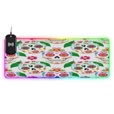 Imagem de CEBUGI White Skulls Mouse Pad de carregamento sem fio 15 W rápido para jogos com 14 iluminação LED RGB para jogos, PC, laptop, mesa de 80 x 30 cm