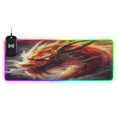 Imagem de CEBUGI Mouse pad de carregamento sem fio Dragon 15W rápido para jogos com 14 iluminação LED RGB para jogos, PC, laptop, mesa 80 x 30 cm
