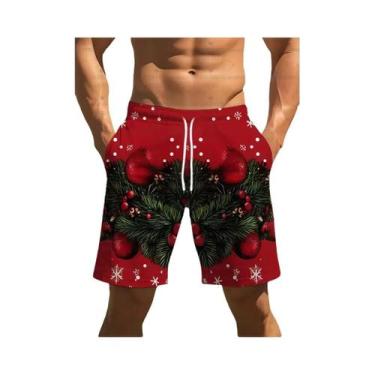 Imagem de Shorts De Natação Masculinos Com Estampa De Floco De Neve Vermelho E B