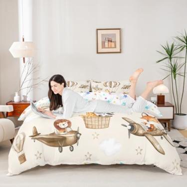 Imagem de Jogo de cama solteiro de animais fofos, céu estrelado, aviões de ar quente, decoração de quarto de meninos e meninas, leão, zebra, girafa e macaco, raposa, capa de edredom marrom, 1 fronha (sem