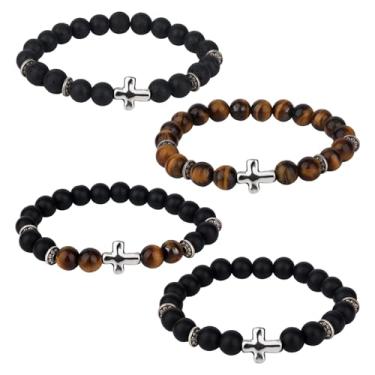 Imagem de 4 pulseiras masculinas com contas cruzadas, pulseiras elásticas para homem, pedra vulcânica natural e olho de tigre, pulseiras elásticas ajustáveis para homens e mulheres