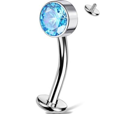 Imagem de OUFER Anéis de umbigo de titânio, anéis de umbigo de prata 14G para mulheres e homens, joia de piercing de umbigo flutuante com rosca interna, barra curvada azul CZ -10 mm