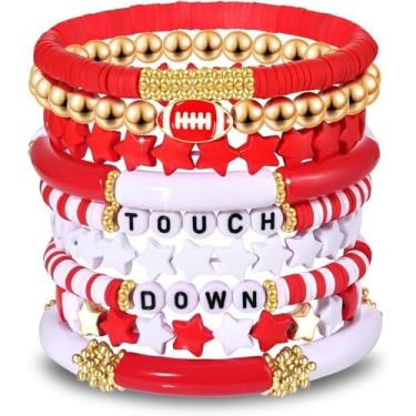 Imagem de Peasimy Conjunto de 8 peças de pulseiras de rugby multicamadas empilhadas da amizade com letras de cristal de coração e contas de cerâmica macia para mulheres, Large, Liga metálica, Sem Pedra Preciosa