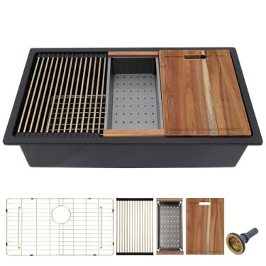 Imagem de Pia de cozinha composta de 30 granitos - Fulorni 76 cm x 48 cm Pia de cozinha de granito preta com borda subterrânea estação de trabalho quartzo preto fosco clássico sob o balcão grande tigela única