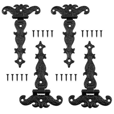 Imagem de Dsjnf Dobradiça decorativa preta em forma de T dobradiça de porta 11 x 7 cm dobradiça de móveis com parafusos adequada para armários de janela, portas de armário, caixas de madeira e caixas de joias