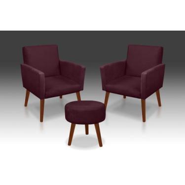 Imagem de Kit 02 Poltrona Nina + 01 Puff Redondo Suede Bordo- MODENA DECOR  - CA