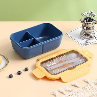 Imagem de yhklatwz Lancheira Bento Box para adultos, recipientes de 1100 ml com 3 compartimentos, recipiente para alimentos para almoço com utensílios, pode ir ao micro-ondas e à máquina de lavar louça (azul)