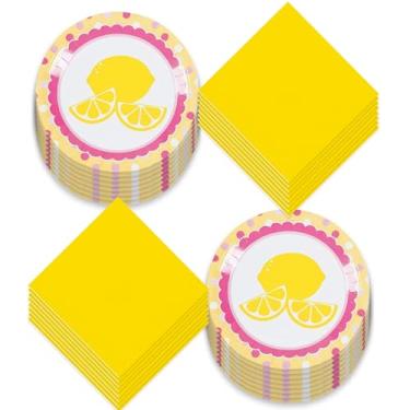 Imagem de Artigos de festa limão e decoração de festa de limonada rosa, Pink Lemonade Lemon Slice Paper Dinner Plates and Luncheon Napkins (Serves 16)