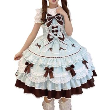 Imagem de Cuteighteen Vestido Lolita sem mangas para adolescentes Kawaii princesa vitoriana anime cosplay acabamento em camadas babados vestidos de festa chá (EUA, alfa, grande, azul menta)