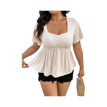 Imagem de Nova moda feminina casual pescoço quadrado manga curta plus size top f