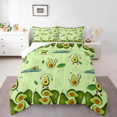 Imagem de Homewish Jogo de cama king size de abacate, decoração temática de frutas para todas as estações, edredom fofo de abacate para adolescentes, conjunto de colcha com tema verde, 3 peças