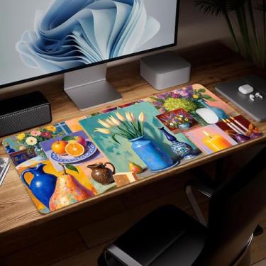 Imagem de Almofada de mesa de couro para plantas, mouse pad de arte colorida grande teclado de computador para jogos mousepad à prova d'água protetor e capa de mesa, tapete de mouse decorativo de couro PU para