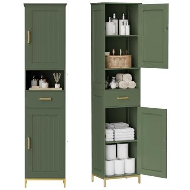 Imagem de Homhedy Armário de armazenamento de banheiro de 170 cm A, armário de armazenamento alto com prateleiras ajustáveis, armário independente com portas e gaveta, armário estreito para banheiro, sala de