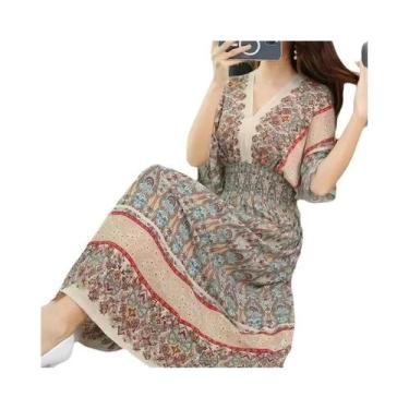 Imagem de Vestido Midi Boêmio Com Decote Em V Colorido Para Mulheres, Moda Chic 