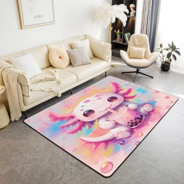 Imagem de Erosebridal Tapete de área infantil Axolotl rosa 4'28 cm x 3'7.6 cm bonito desenho animado oceano animal tapete sobremesa leite chá tapete de chão para meninas adolescentes, arco-íris tie dye vida