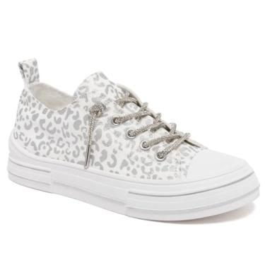Imagem de Sugar Tênis feminino de lona, tênis de cano baixo casual moderno com palmilha acolchoada e sola de borracha flexível para caminhadas diárias - Incrível, Leopardo branco e prata, 40