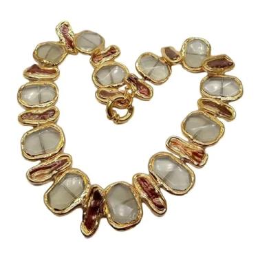 Imagem de DWBPGVUN Colar gargantilha com borda dourada e pérola marrom biwa retangular facetada de quartzo limão