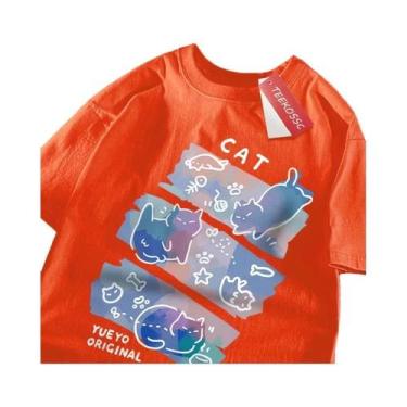 Imagem de Camiseta De Algodão Estilo Japonês Com Estampa Divertida De Gato Para 