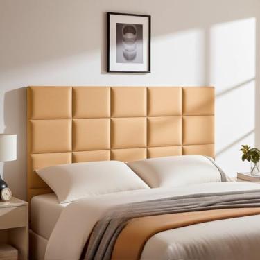 Imagem de Cabeceira Estofada Modular Autocolante 40x30cm Kit 10 Peças para Cama Box Casal Queen King(Bege,KING + LATERAIS - 16 MÓDULOS)