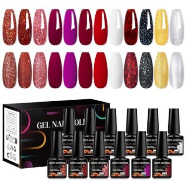 Imagem de MEET ACROSS Conjunto de 12 peças de esmalte de gel, kit de esmalte de gel com lâmpada LED UV de imersão, presentes de design de arte de unhas com brilho moderno para salão de manicure (vermelho-1)