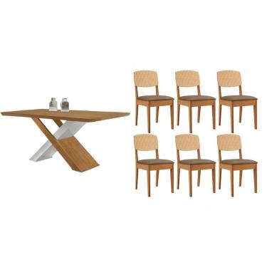 Imagem de Sala Jantar Mesa Imperatriz Tampo Curvo 180cm+6 Cadeiras Havana Naturale/Off White - Suede Capuccino - Rufato