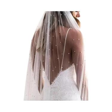 Imagem de Véu De Noiva Elegante Com Pérolas E Pente Acessório Comprimento 75cm 9